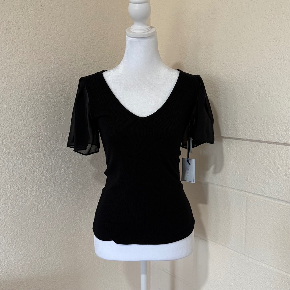 1.STATE Flutter Sleeve Ribbed Top Womens XS Black V-Neck Chiffon Office Gothic